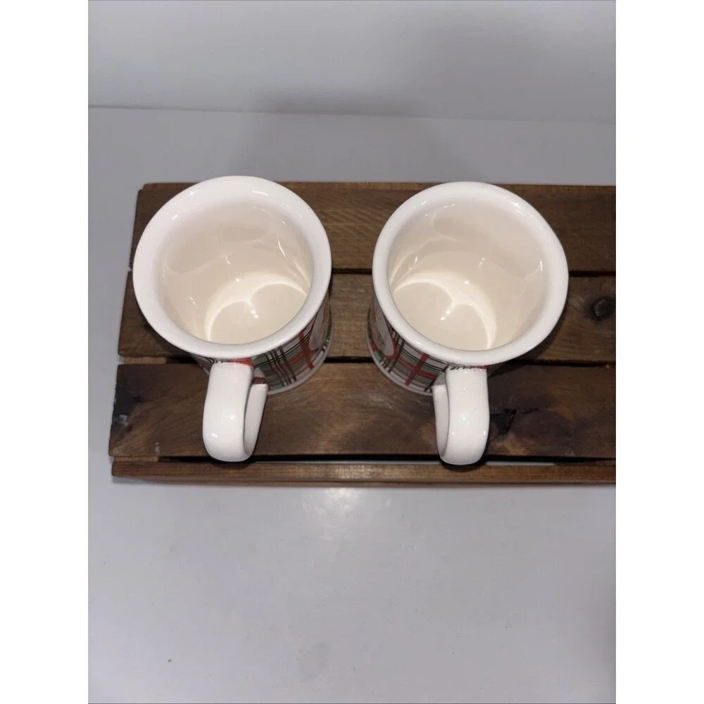 Sur La Table Santa Reindeer Green & Red Plaid Christmas 5 oz Mini Mugs Set of 2